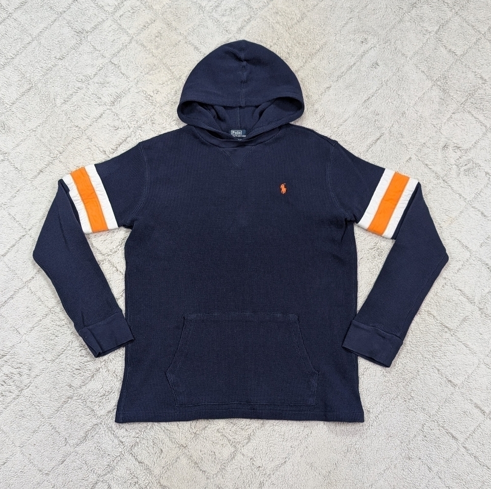 Polo Ralph Lauren Hoodie Boys L 14-16 Blue Waffle Knit Thermal Stripe Preppy